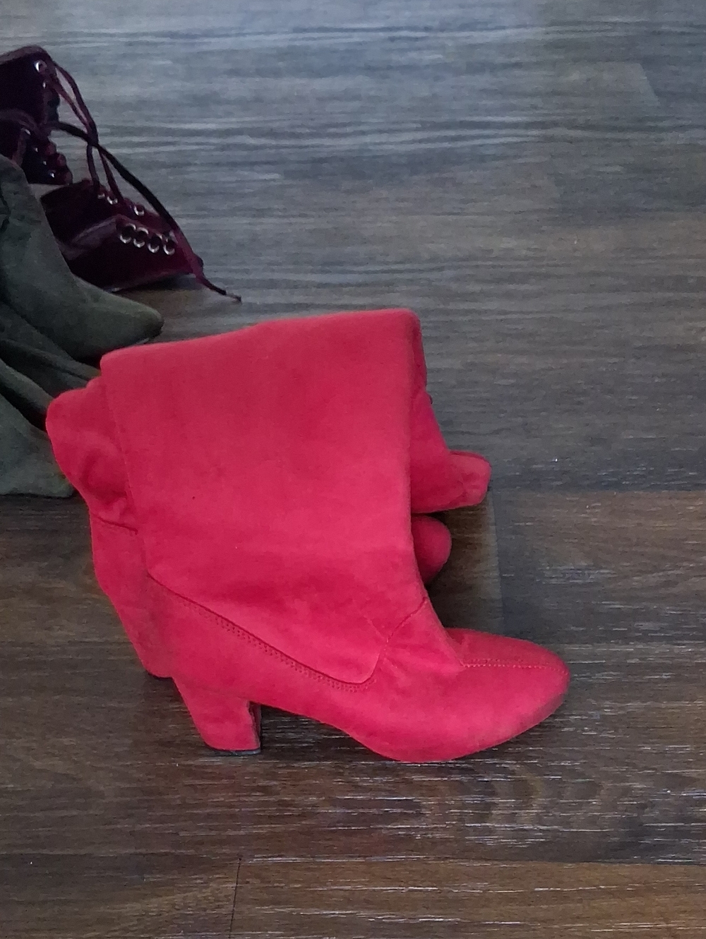 Red Suede Fold-Over Ankle Boots - Women